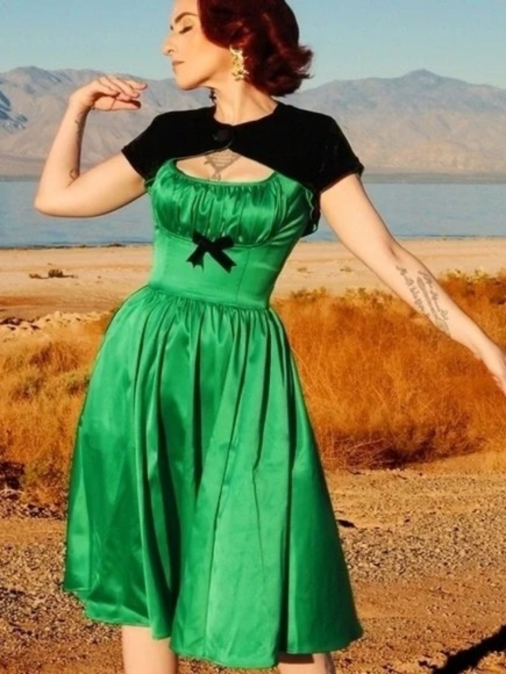 Pinup Couture Evelyn Dress with Matching Bolero - Green Satin